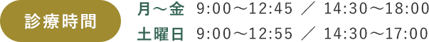 診療時間 月～金 9:00～12:45 ／ 14:30～18:00 土曜日 9:00～12:55 ／ 14:30～17:00